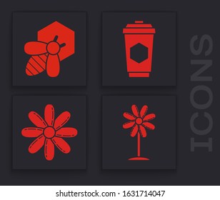 Set Flower, Bee and honeycomb, Cup of tea with honey and Flower icon. Vector