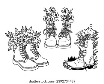 Set of flower boots for girls. Collection of women's vintage boots with wild flowers and mountain. Fashion footwear. Clothing design. Botanical spring elements. Vector illustration for a holiday card.