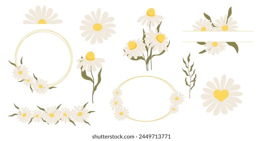 Set flower border daisy frames, floral decorations. Cute stickers, collection flowers petals, blossom with stem and leaves.