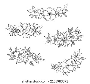 Set of Flower border with flowers and leaves in outline style. Vector line wildflowers. Elegant floral bouquet hand drawn isolated on white background