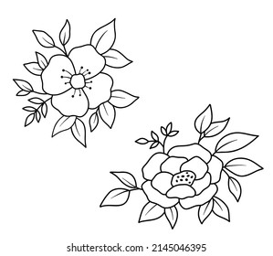 Set of Flower border with flowers and leaves in outline style. Vector line wildflowers. Elegant floral bouquet isolated on white background