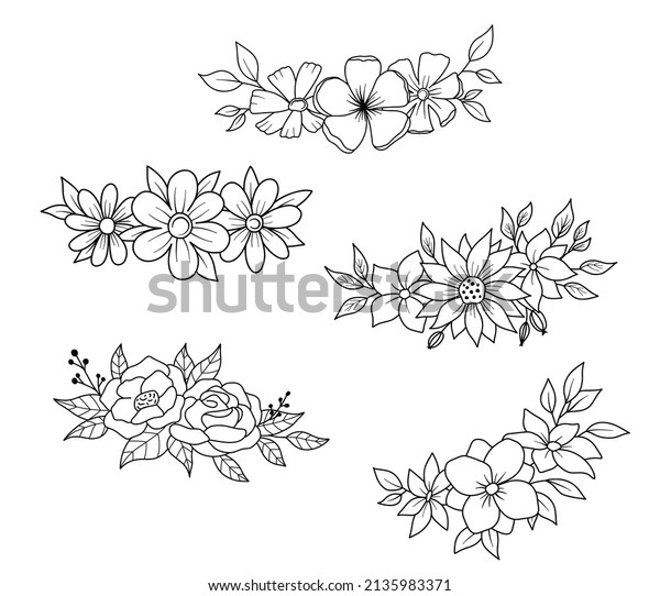 Set of Flower border with flowers and\
leaves in outline style. Vector line wildflowers. Elegant floral\
bouquet hand drawn isolated on white\
background