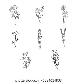 Set Of Flower Botanical And Leaf Doodle Line Art
