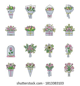 Set of flower bouquet flat color line icons. Collection of flowers in wrapping paper and boxes. Bunch of roses, tulips, wildflowers in thin linear design. Floral composition vector illustration.