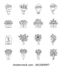 Set Of Flower Bouquet Flat Outline Icons. Collection Of Line Flowers In Wrapping Paper And Boxes. Bunch Of Roses, Tulips, Wildflowers In Thin Linear Design. Floral Composition Vector Illustration.