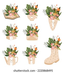 Set of flower bouquet in vases. Spring collection with different vases. Set of beautiful flower.