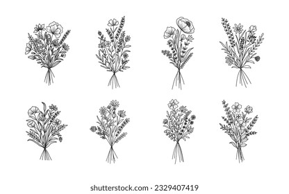 Juego de vectores de ramo de flores. Flor dibujada a mano. Buques de arte de la línea de flores silvestres, planta silvestre, ilustración botánica vectorial