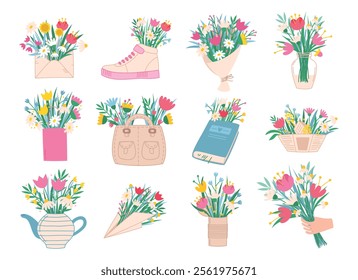 Set of flower bouquets with beautiful blooming flowers. Various flower arrangements for designing greeting cards, flyers, invitations. Vector illustration