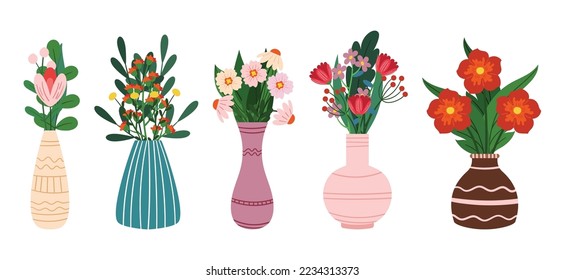 Set of Flower Bouquets Beautiful Blossoms Isolated Icons on White Background. Vases with Fresh Colorful Floral Compositions, Decorative Natural Presents Collection. Cartoon Vector Illustration