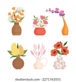 Set of flower bouquets. Bright summer blooming flowers in vases cartoon vector illustration