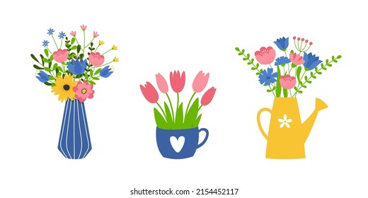 Conjunto de ramos de flores. Montón de plantas en jarrón, taza y riego pueden recolectar. Elemento de diseño para tarjeta de saludo, invitación, pegatinas, postal, cartel, impresión.