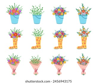 Conjunto de ramos de flores. Montón de plantas en cubo, bota de goma, en paquete. Ilustración vectorial para fondos y empaques. La Imagen se puede utilizar para tarjetas y carteles. Aislado sobre fondo blanco.