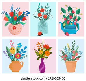 Set of flower bouquets in clay or plastic flowerpots in wrapping and blooming plant. Decorative florist shop item on background