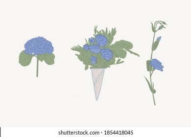 Set of flower bouquets. A collection of delicate colors for leaflet design or branding. Hand-drawn vector images of flowers. Vector illustration