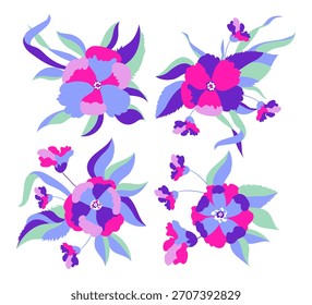 Un conjunto de ramos de flores que consisten en brotes y hojas, dibujados en estilo doodle. Plantilla para tarjetas de felicitación y boda. Vector de fondo.