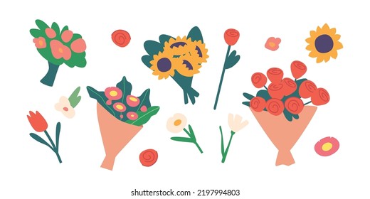 Blumenstrauß einzeln auf weißem Hintergrund. Schöne Blütensymbole, floristische Ladenkomposition, Geschenk zum Valentinstag oder Geburtstagsfeier, blühende Pflanzen. Cartoon-Vektorgrafik