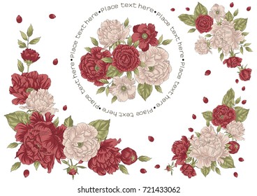Set of flower bouquets of roses, berries and peonies in red and pink colors with some place for your own text
