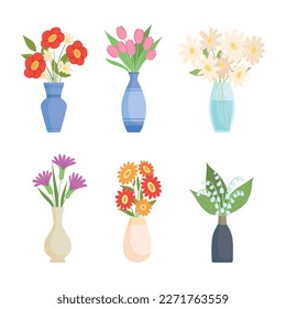 Set of flower bouquets. Tulip, chamomile, lily of valley bright summer blooming flowers in vases cartoon vector illustration