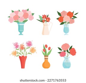 Set of flower bouquets. Tulip, peony bright summer blooming flowers in vases cartoon vector illustration