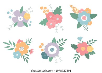 A set of flower bouquets. Vector illustration. Suitable for greeting cards, wedding invitations, party invitations, logos, business cards.