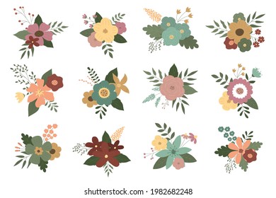 A set of flower bouquets. Vector illustration. Suitable for greeting cards, wedding invitations, party invitations, logos, business cards, banners.