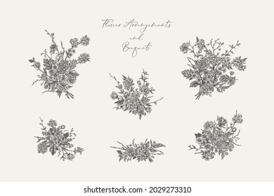 Set with flower bouquets. Vector illustration. Flower arrangements with cherry, Japanese kerria and hawthorn. Black and white.