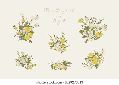 Set with flower bouquets. Vector illustration. Flower arrangements with cherry, Japanese kerria and hawthorn.