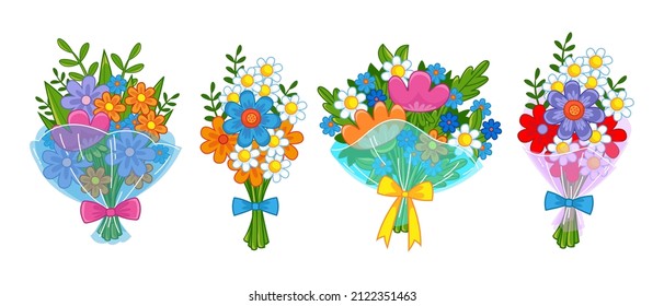 A set of flower bouquets with and without packaging. Vector illustration of floral bouquets with outline in cartoon style. Isolated cute clipart for valentine's day