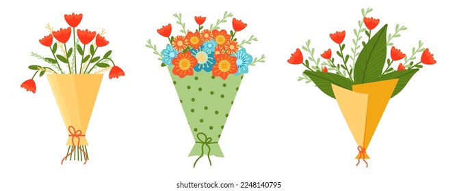 A set of flower bouquets with and without packaging. Vector illustration of floral bouquets with outline in cartoon style. Isolated cute clipart for valentine's day