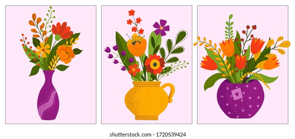 Set of flower bouquets in wrapping and blooming plant in clay or plastic flowerpots. Tulip, rose and bud composition. Decorative florist shop item on pink background