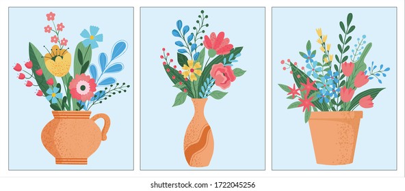 Set of flower bouquets in wrapping and blooming plant in clay or plastic flowerpots. Tulip and bud composition. Decorative florist shop item on blue background