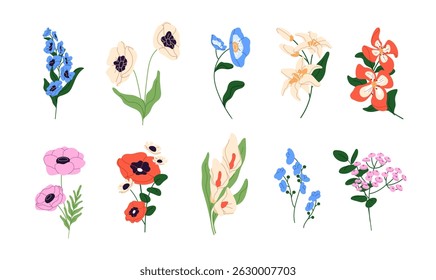 Set of flower branches. Different wildflowers and bloom plants of garden and meadow. Cut lilies, poppies, forget me not with leaves for posy. Flat isolated vector illustrations on white background