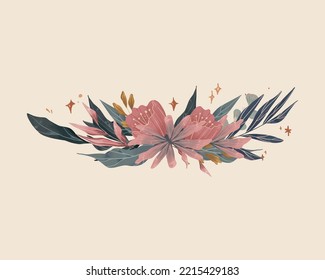 Set of flower branches. Pink roses, green leaves. Wedding concept with flowers. Flower poster, invite. Vector arrangement for greeting card or invitation design