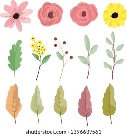 Set of flower branches. Red roses, green leaves. Wedding concept with flowers. Flower poster, invite. Vector arrangement for greeting card or invitation design