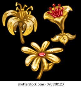 Set of flower buds made of gold and precious stones. Vector illustration.