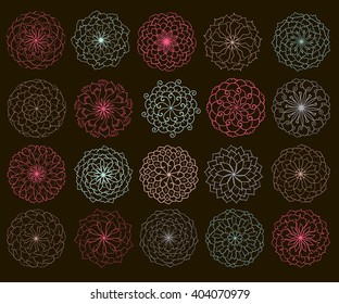 Set of flower buds on black background, stencil floral designs for the decoration of textiles, Wallpaper, paper, illustrations, tiles, interior