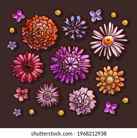 Set of flower buds, top view. Bright colors with outline, vector illustration isolated on white, objects for design