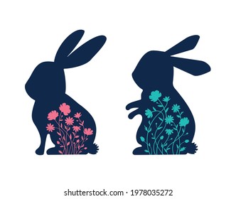 Set of flower bunnies. Rabbit with wildflowers. A flower meadow in the silhouette of a hare. Floral and bunny vector drawings. Children's little rabbit in a flower pattern