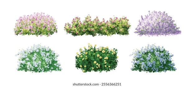 Set of flower bushes watercolor illustration. Watercolor painting botanical garden vector elements, suitable decoration for landscape and architecture, or cartoon background.