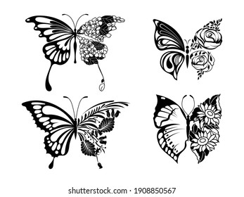 Conjunto de mariposas florales. Colección de hermosos arreglos florales decorativos con insectos. Botánica. Ilustración vectorial para el diseño de camisetas de moda. Arte de línea. Tatuaje.