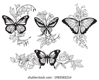 Set of flower butterflies. Collection of decorative beautiful flower arrangements with insects. Botany. Vector illustration for trendy t-shirt design. Line art. Tattoo.