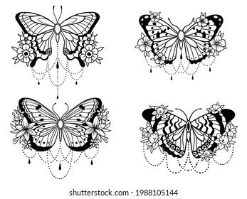 Set of flower butterflies. Collection of decorative beautiful flower arrangements with boho insects. Botany. Vector illustration for trendy t-shirt design. Line art. Tattoo.