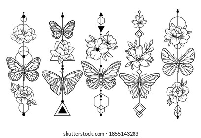 Set Of Flower Butterflies. Collection Of Ethnic Beautiful Flower Arrangements With Insects. Botany. Vector Illustration For Trendy T-shirt Design. Line Art. Tattoo.