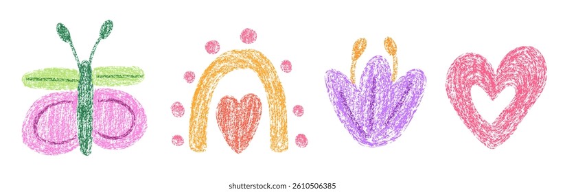 Set of flower and butterfly drawing with crayon pencil texture on transparent background