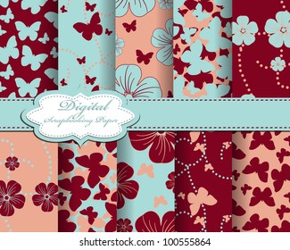 set of flower and butterfly vector paper for scrapbook