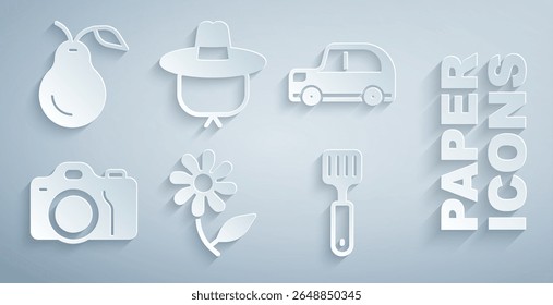 Set Flower, Car, Photo camera, Spatula, Camping hat and Pear icon. Vector