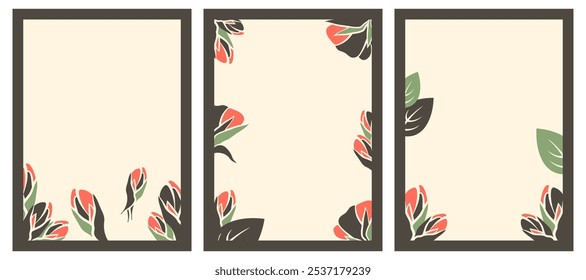 Conjunto de tarjetas de flores aisladas sobre fondo blanco. Abstractas Plantilla floral con flor, hojas, flor. Diseño dibujado a mano con flor, rosa, brote. Ilustración vectorial para el cartel, tarjeta, impresión, invitación