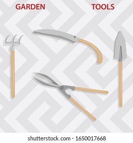 Set of flower care tools - realistic pruner shears, knife, scraper, spade - vector. Spring summer work on a plot of land. Household goods