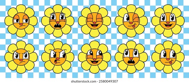Set of flower cartoon character emoticon vector illustration