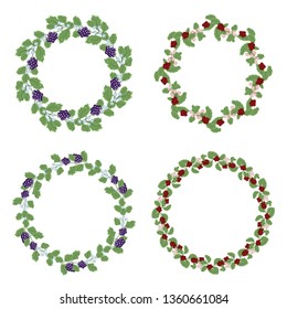 Set of flower circle border with green leaf and currant berry fruit. Rustic round frame with floral and greenery design. Great for greeting card, wedding element, or any decoration.
